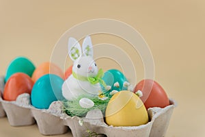 Easter concept with a bunny in nest. Painted easter eggs in egg