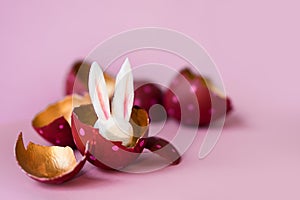 Easter concept. Colored eggs on pink background, Easter Bunny hiding inside