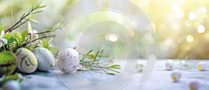 Easter concept with colored eggs on a white table in the garden. Blurred, sunny, green and yellow background with copyspace