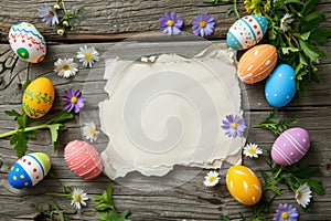 Easter concept with decorated eggs and spring flowers on a wooden background