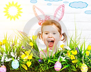 Easter concept. Happy funny child girl in costume bunny with gr