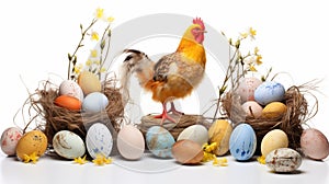 Easter Concept with Painted Eggs, Chicken, and Branches in Pastel Colors on White Background