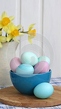 Easter concept, painted eggs in pastel colors. copy space.