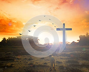 Easter concept:Silhouette cross on Calvary mountain sunset background.