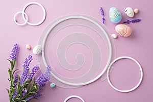 Top view photo of empty circles colorful easter eggs and bouquet of lavender flowers on isolated lilac background