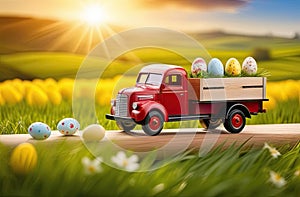 Easter concept. A toy truck full of colorful Easter eggs against the background of a field with green grass and flowers