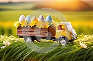 Easter concept. A toy truck full of colorful Easter eggs against the background of a field with green grass and flowers