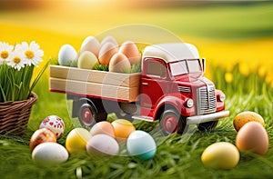 Easter concept. A toy truck full of colorful Easter eggs against the background of a field with green grass and flowers