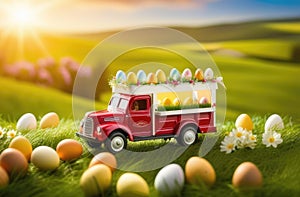 Easter concept. A toy truck full of colorful Easter eggs against the background of a field with green grass and flowers
