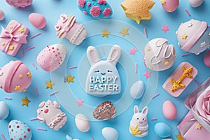 Easter Confections with Bunny and Eggs on a Blue Background, Holiday Treats Display
