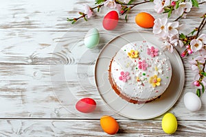 Easter confections featuring cake and eggs on a wood rustic table, copy space