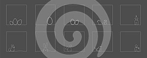 Easter continuous one line hand drawing frames pack. Vector illustration isolated on black background for post in social