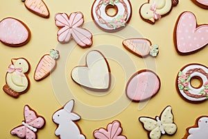 Easter cookies background flat lay. Aesthetics baked glazed cute symbols of Easter. Spring easter card