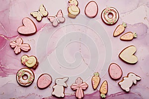 Easter cookies background flat lay with copy space. Aesthetics baked glazed cute symbols of Easter. Spring easter card