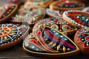 easter cookies with colorful icing and painting floral ornament on wooden table