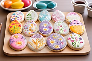 Easter cookies decorated with colorful patterns on a wooden board, close up
