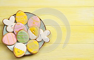 Easter cookies on a plate with space for text