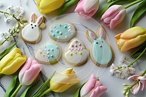 Easter cookies and spring flowers on a marble background