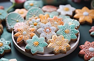 easter cookies are on a table with flowers and some