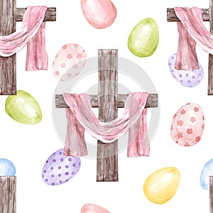 Easter cross and colored eggs seamless pattern. Watercolor holiday background. Hand-painted illustration