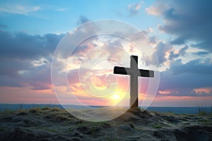 Easter cross on dawn represents Crucifixion of Jesus Christ