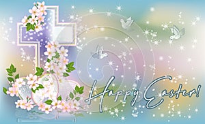 Easter cross with springs flowers greeting banner