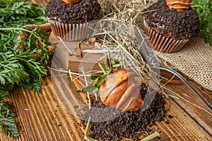 Easter cupcake on wooden background with cookie earth and strawberry carrots