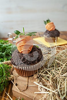 Easter cupcake on wooden background with cookie earth and strawberry carrots