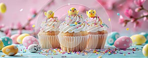 Easter cupcakes with cream, decorated with chickens and sprinkles on pink background and colorful eggs. Easter greeting
