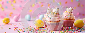 Easter cupcakes with cream decorated with chickens and sprinkles, on pink background with Easter eggs. Easter greeting