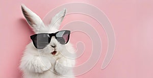 Easter cute bunny lying on his back with his paws raised, on a pink background. There is a place for text. banner or card