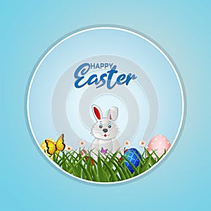 Easter cute buny with easter colorful easter egg and green ground photo