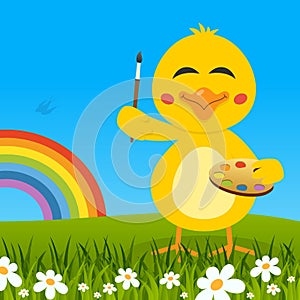 Easter Cute Chick with Palette & Rainbow
