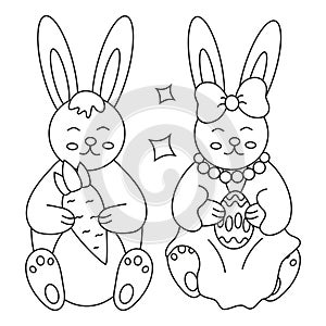 Easter cute hare, rabbit, boy and girl with egg and carrot. Line art