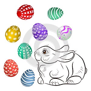 Easter. Cute little easter bunny made in cartoon style. Easter eggs. The design is best suited for children`s products: coloring