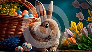 Easter - a cute rabbit near a basket with decorated eggs. Postproducted generative AI digital illustration