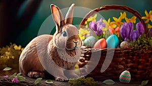 Easter - a cute rabbit near a basket with decorated eggs. Postproducted generative AI digital illustration