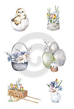 Easter cute set Hand drawn cartoon watercolor isolated with chick, egg, flowers, basket on white background