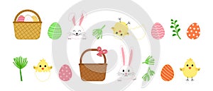Easter cute vector set, rabbit, egg, bunny, basket, chick and flower. Cartoon spring element collection, funny icon. Holiday