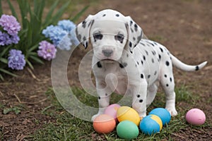 Easter Dalmatian Puppy. A funny little Dalmatian puppy that looks like he just painted some Easter eggs