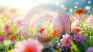 Easter Day background with 3D Easter eggs hidden among a field of spring flowers