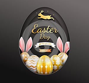 Easter day banners template easter eggs gold color inside egg paper cut shape black color background. Vector illustrations