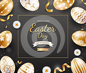 Easter day banners template easter eggs gold color with ribbon and daisies flower on black color background. Vector illustrations