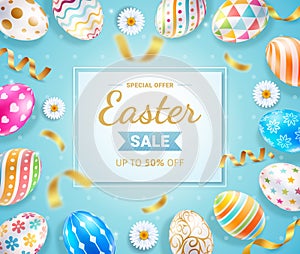 Easter day banners template easter eggs with ribbon and daisies flower on blue color background. Vector illustrations