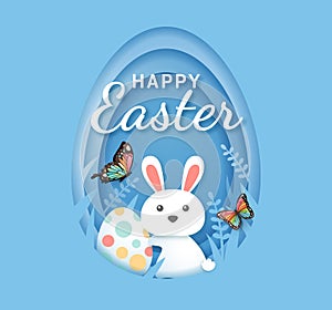 Easter day banners template rabbit with easter eggs paper cut shape background. Vector illustrations