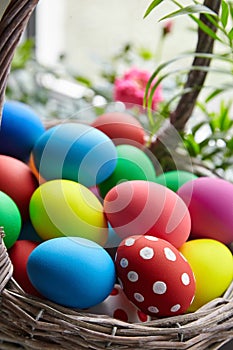 Easter Day, basket with colorful Easter Eggs