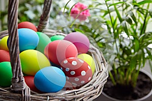 Easter Day, basket with colorful Easter Eggs