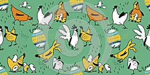 Easter day. Cute seamless pattern with rooster, hen, little chickens and scattered eggs. Flat style, cartoon style. Set of