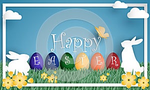 Easter Day greeting background with rabbit, Easter eggs, flower and butterfly.