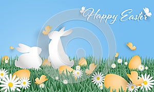 Easter Day greeting background with rabbit, Easter eggs, flower and butterfly.